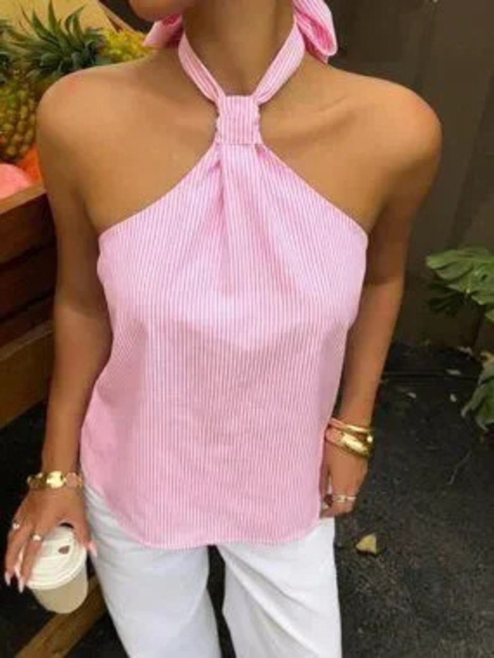 Pink Casual Women's Chiffon Topical Holiday Halter Neck Sleeveless Stripe Blouse